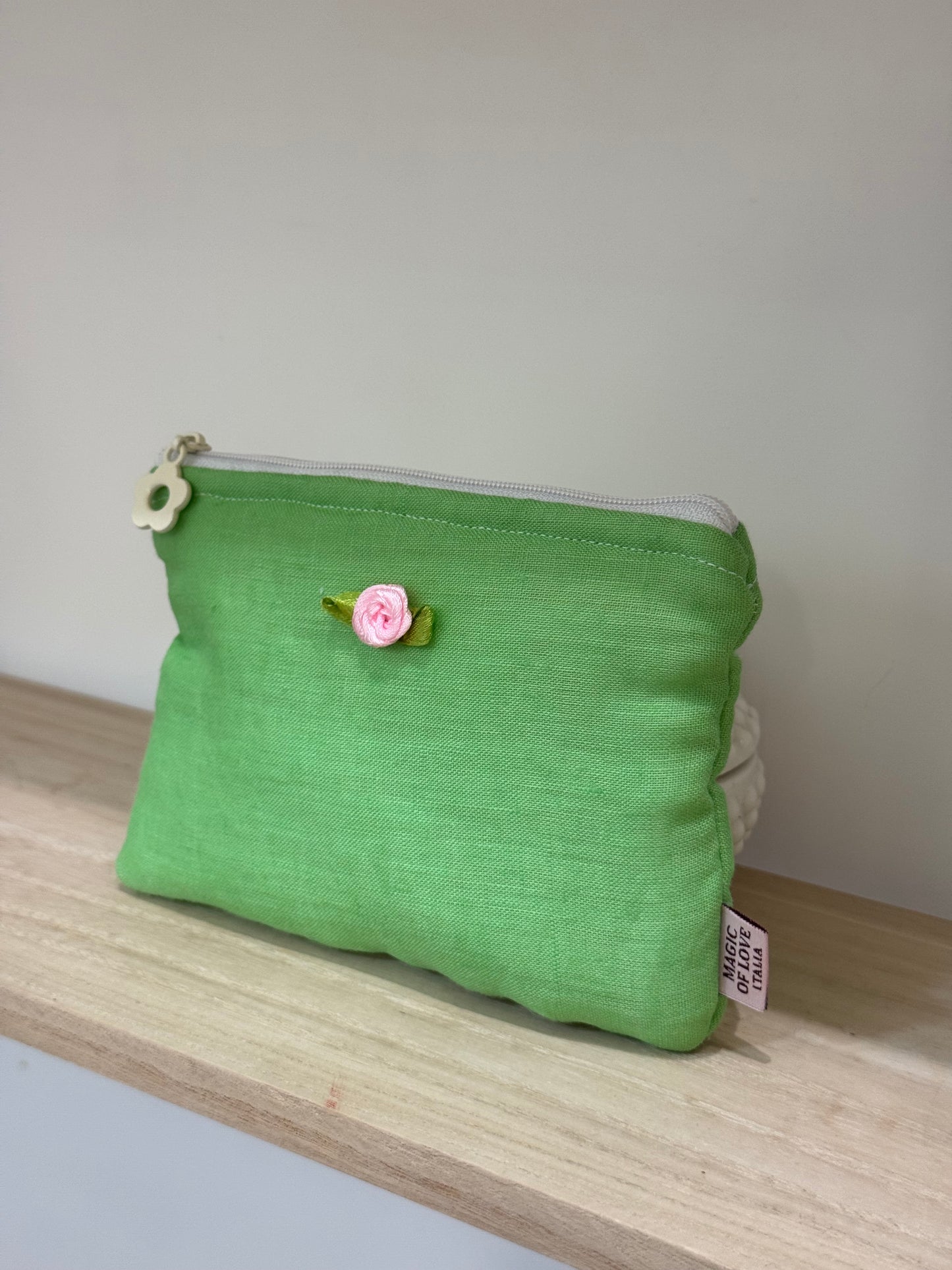 Pochette mini - 100%Lino Green e fiori