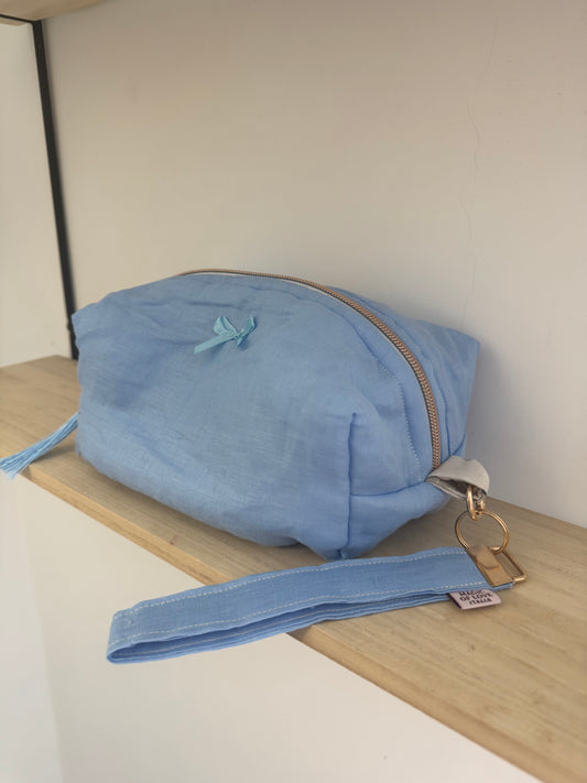 Beauty Case Big - 100% Lino azzurro