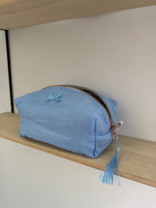 Beauty Case Big - 100% Lino azzurro