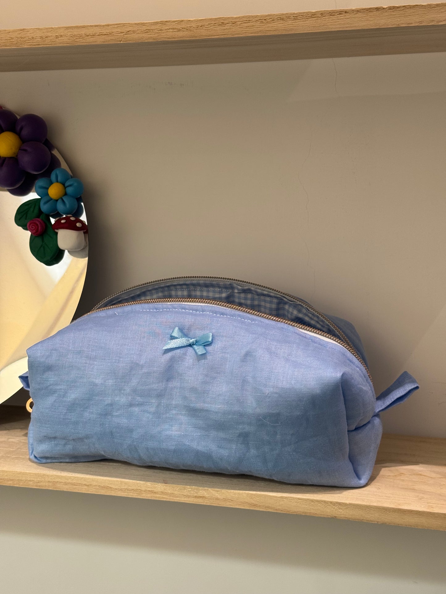 Beauty Case Lino azzurro e Vichy - misura Large